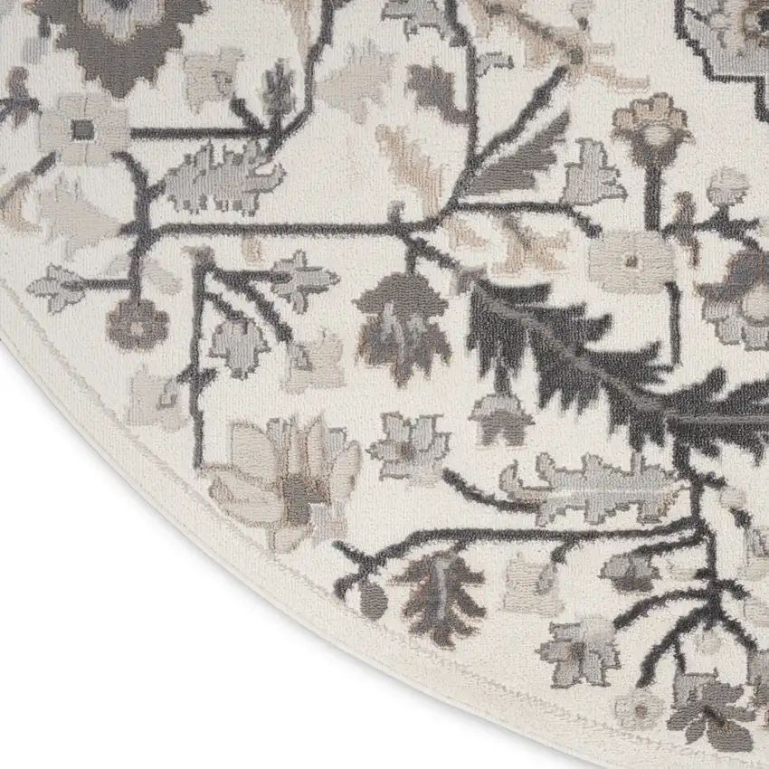 5' Ivory Black and Gray Floral Medallion Non Skid Round Rug Photo 8