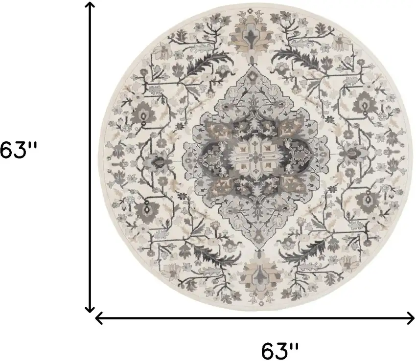 5' Ivory Black and Gray Floral Medallion Non Skid Round Rug Photo 3