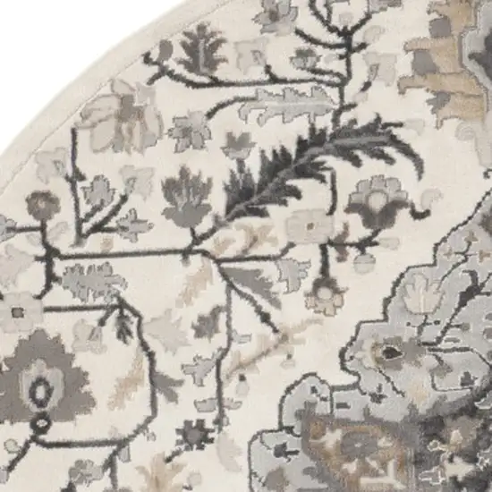5' Ivory Black and Gray Floral Medallion Non Skid Round Rug Photo 9