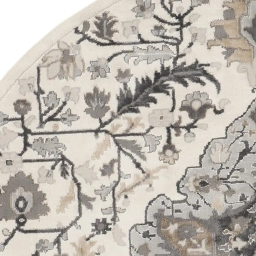 5' Ivory Black and Gray Floral Medallion Non Skid Round Rug Photo 9
