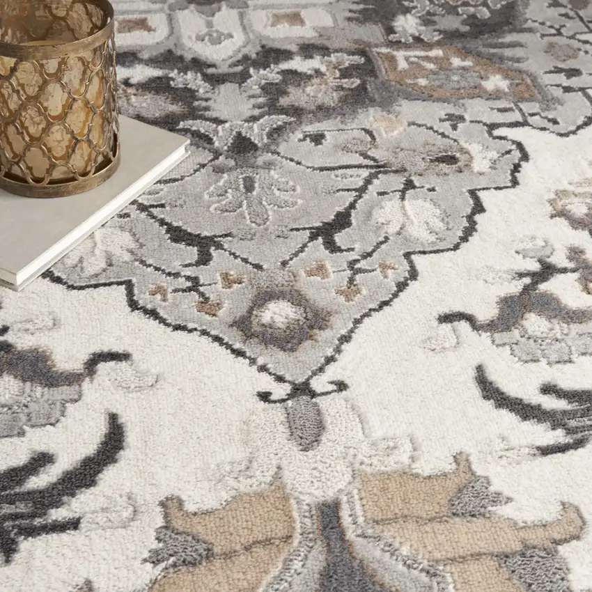 5' Ivory Black and Gray Floral Medallion Non Skid Round Rug Photo 9