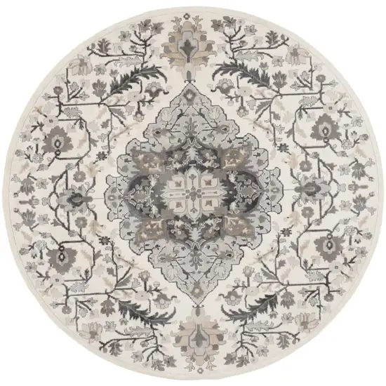 5' Ivory Black and Gray Floral Medallion Non Skid Round Rug Photo 1