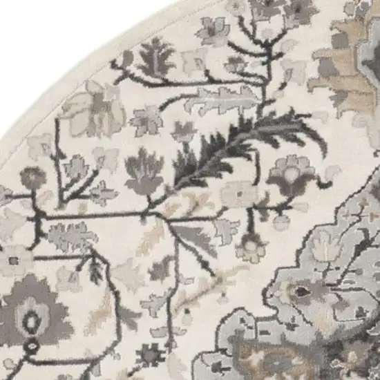 5' Ivory Black and Gray Floral Medallion Non Skid Round Rug Photo 4