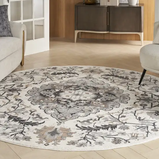 5' Ivory Black and Gray Floral Medallion Non Skid Round Rug Photo 5