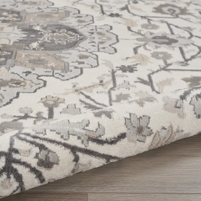 5' Ivory Black and Gray Floral Medallion Non Skid Round Rug Photo 7