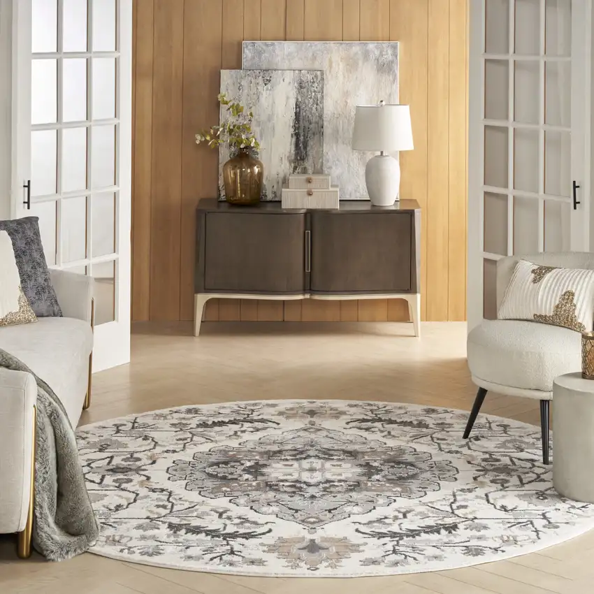 5' Ivory Black and Gray Floral Medallion Non Skid Round Rug Photo 6