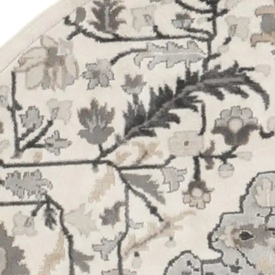 5' Ivory Black and Gray Floral Medallion Non Skid Round Rug Photo 2