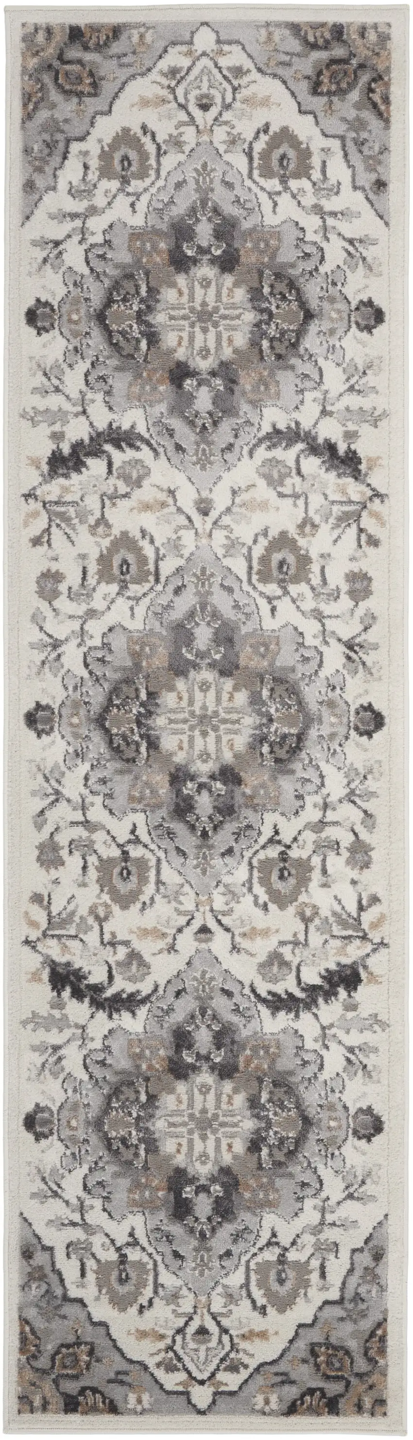 8' Ivory Black and Gray Floral Medallion Non Skid Runner Rug Photo 2
