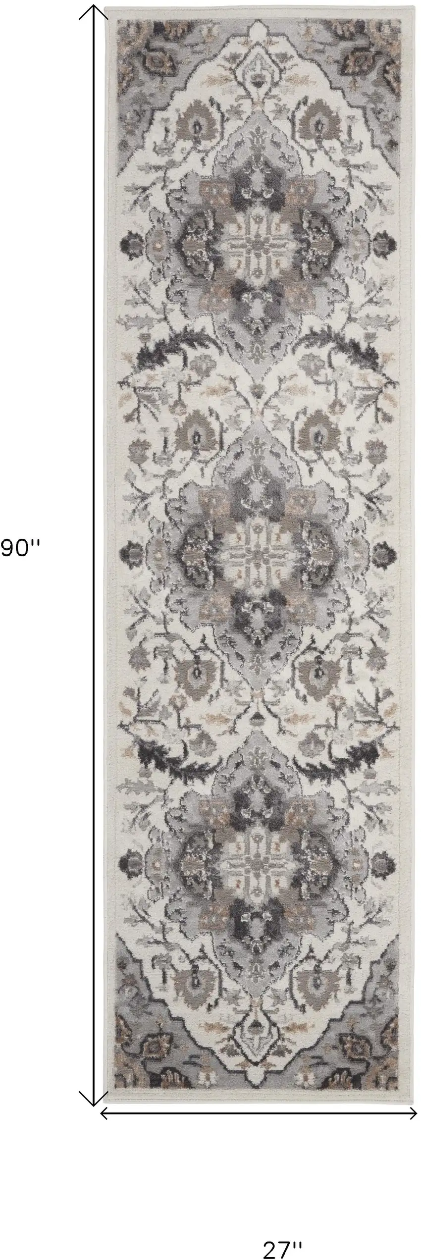 8' Ivory Black and Gray Floral Medallion Non Skid Runner Rug Photo 3