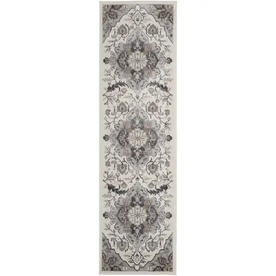 8' Ivory Black and Gray Floral Medallion Non Skid Runner Rug Photo 1