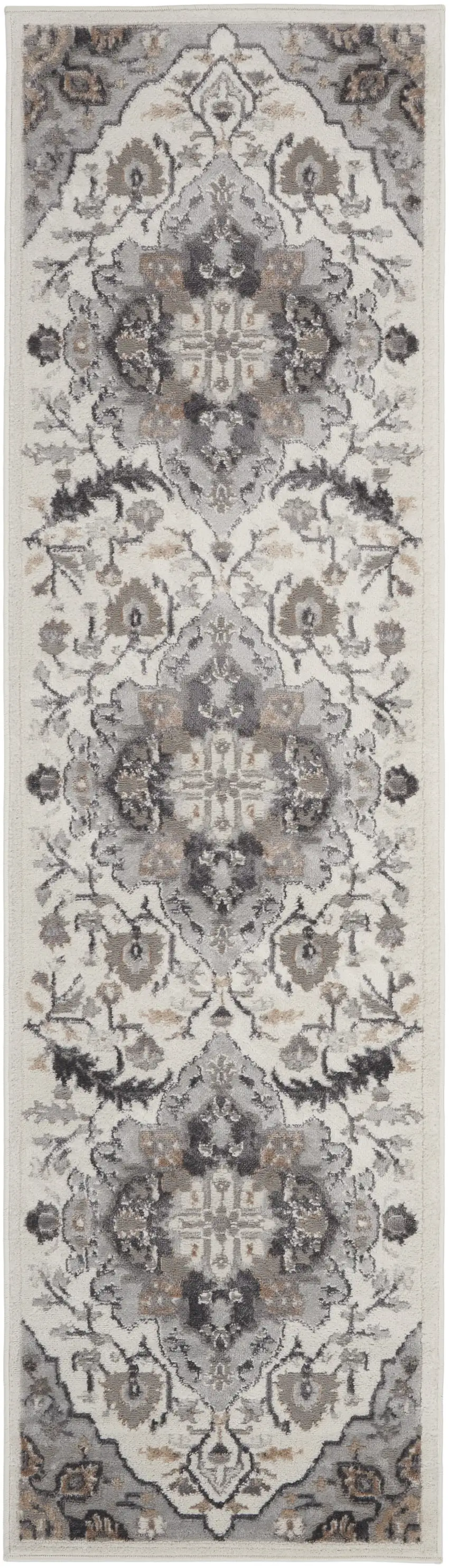 8' Ivory Black and Gray Floral Medallion Non Skid Runner Rug Photo 1