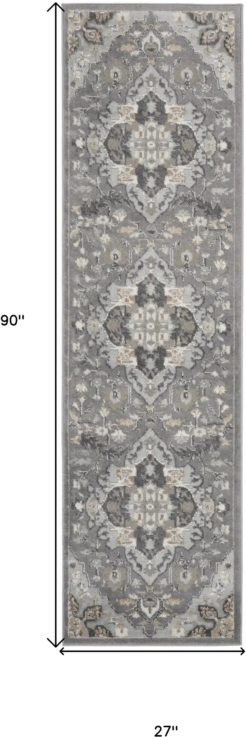 8' Ivory Black and Gray Floral Medallion Non Skid Runner Rug Photo 3