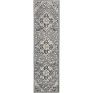 Photo of 8' Ivory Black and Gray Floral Medallion Non Skid Runner Rug