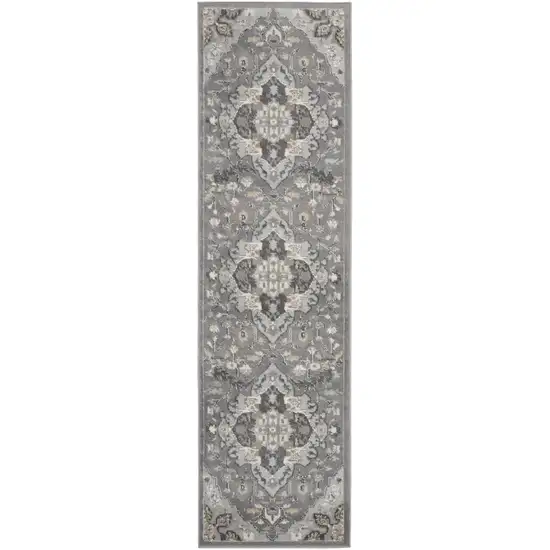 8' Ivory Black and Gray Floral Medallion Non Skid Runner Rug Photo 1