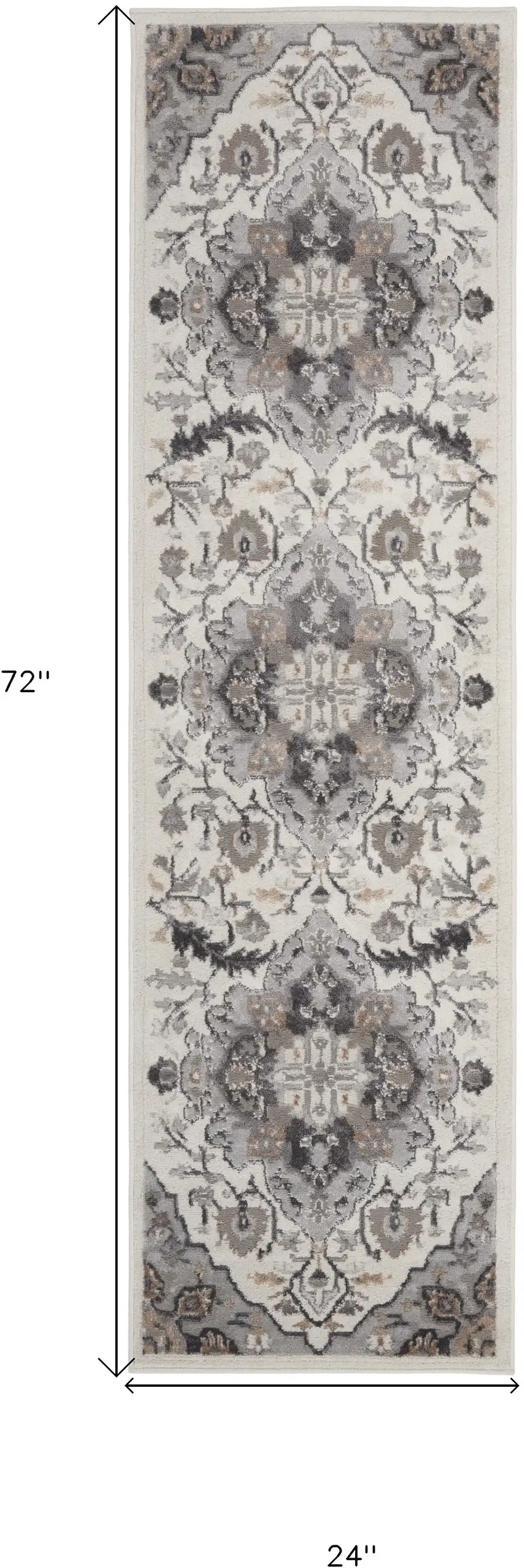 6' Ivory Black and Gray Floral Medallion Non Skid Runner Rug Photo 3