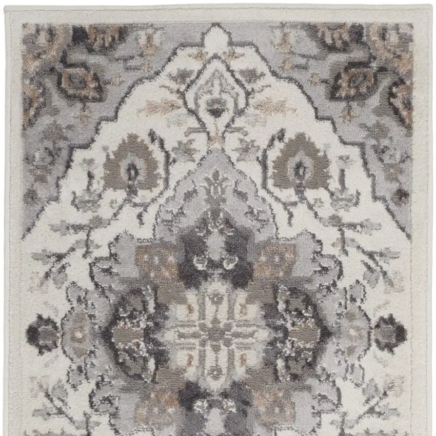 6' Ivory Black and Gray Floral Medallion Non Skid Runner Rug Photo 9