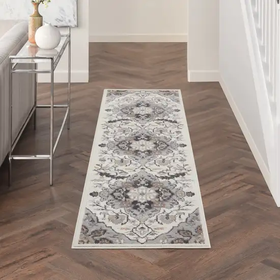 6' Ivory Black and Gray Floral Medallion Non Skid Runner Rug Photo 3