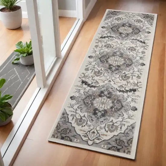 6' Ivory Black and Gray Floral Medallion Non Skid Runner Rug Photo 1