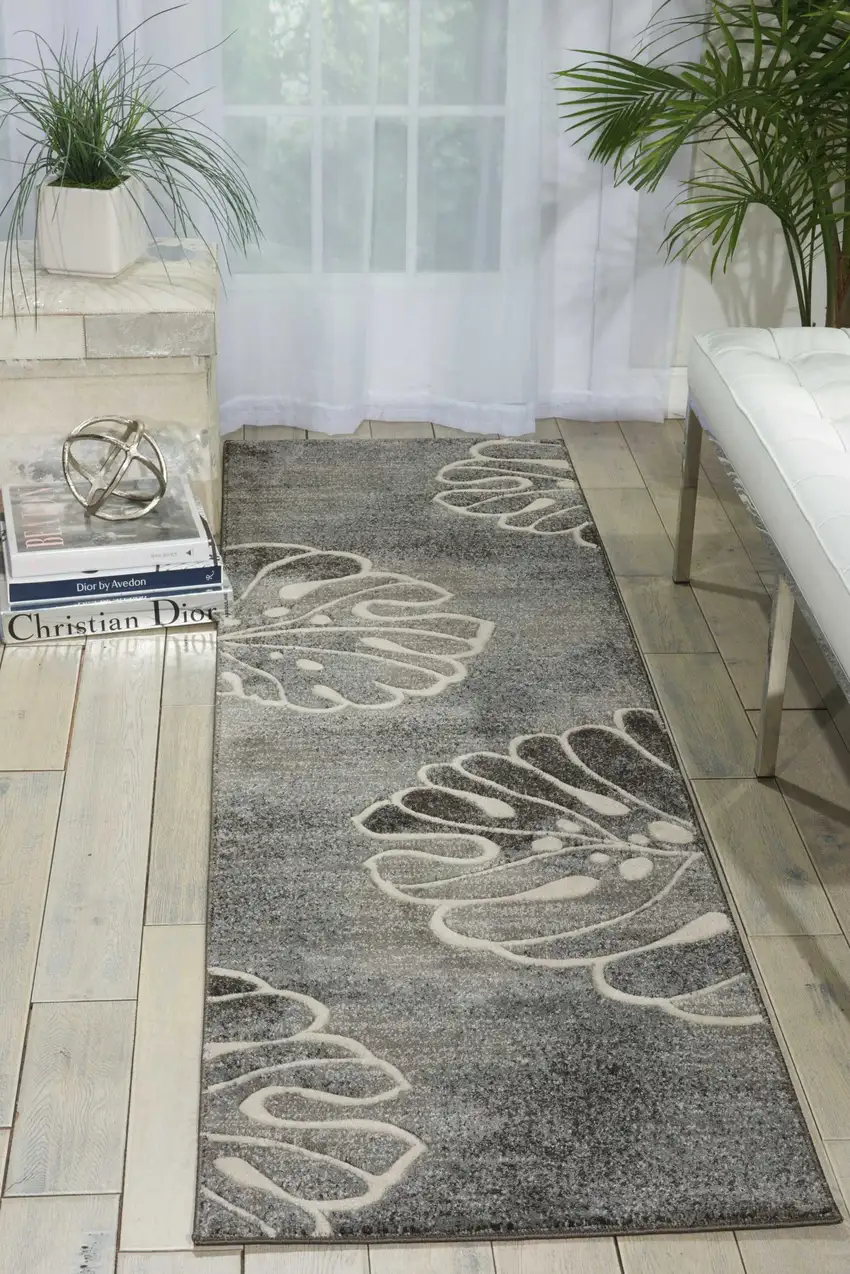 8' Ivory Black and Gray Floral Non Skid Runner Rug Photo 6
