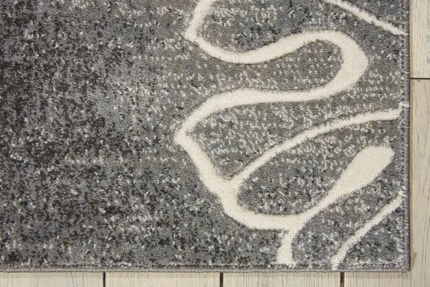 8' Ivory Black and Gray Floral Non Skid Runner Rug Photo 4