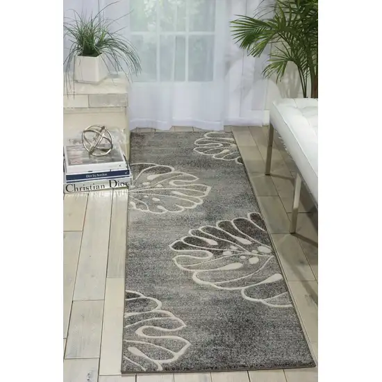 8' Ivory Black and Gray Floral Non Skid Runner Rug Photo 4