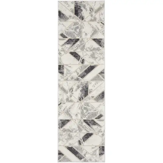 8' Ivory Black and Gray Geometric Non Skid Runner Rug Photo 7