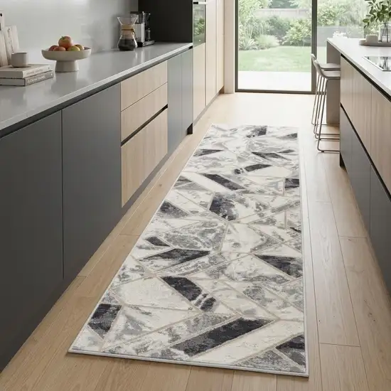 8' Ivory Black and Gray Geometric Non Skid Runner Rug Photo 1