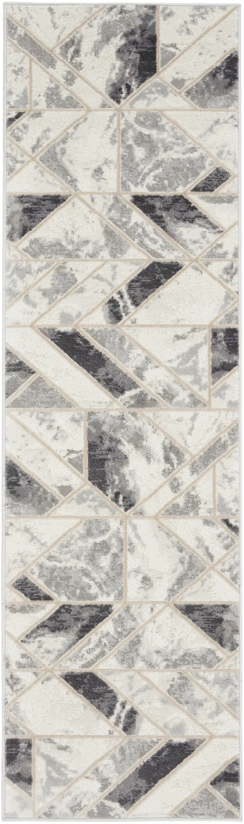 8' Ivory Black and Gray Geometric Non Skid Runner Rug Photo 7