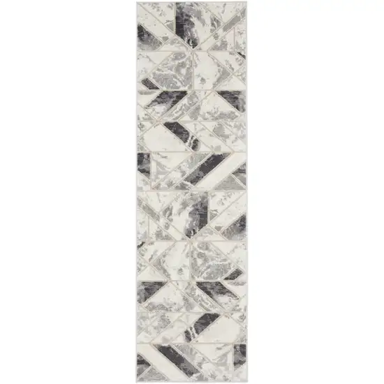 8' Ivory Black and Gray Geometric Non Skid Runner Rug Photo 2