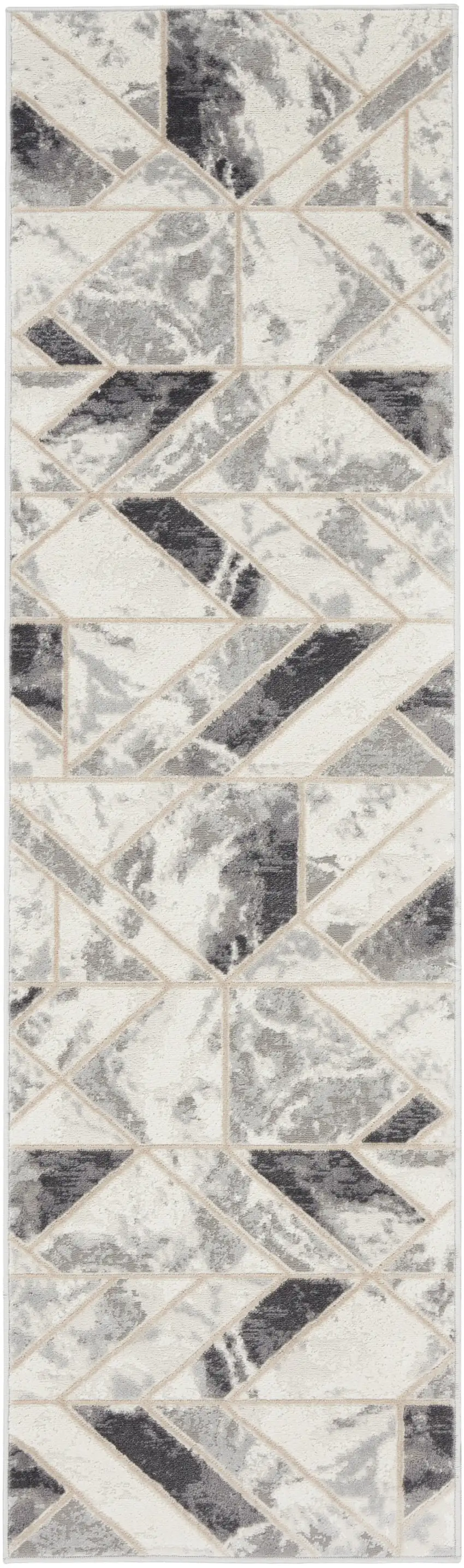 8' Ivory Black and Gray Geometric Non Skid Runner Rug Photo 2