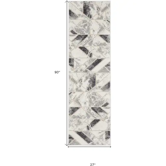 8' Ivory Black and Gray Geometric Non Skid Runner Rug Photo 3