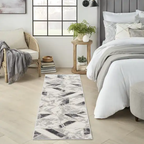 8' Ivory Black and Gray Geometric Non Skid Runner Rug Photo 9