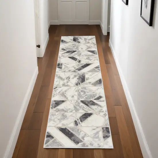8' Ivory Black and Gray Geometric Non Skid Runner Rug Photo 1