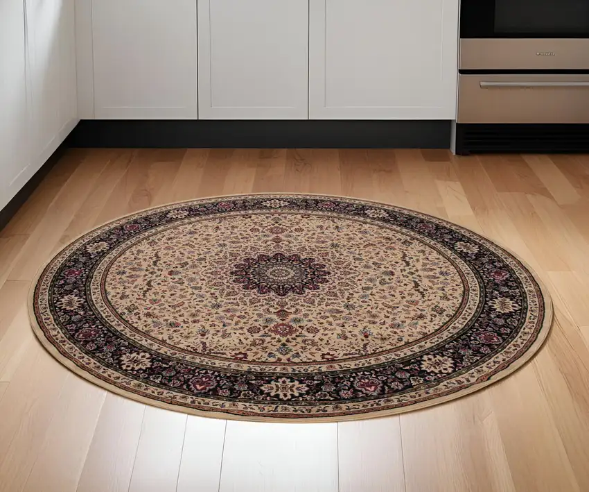 6' Ivory Black and Red Oriental Round Rug Photo 1