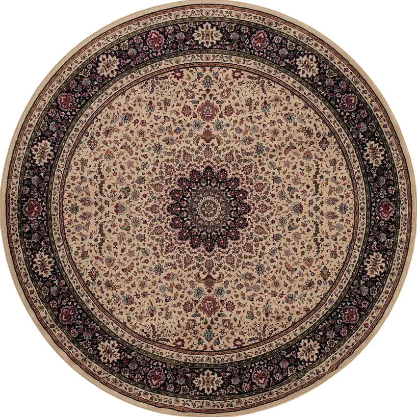 6' Ivory Black and Red Oriental Round Rug Photo 5