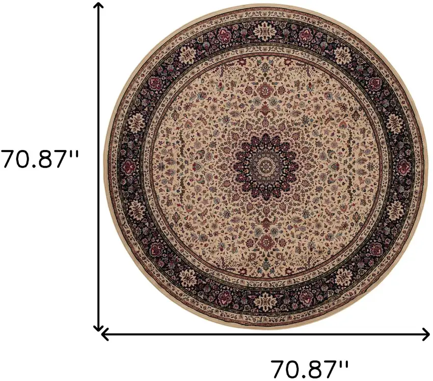 6' Ivory Black and Red Oriental Round Rug Photo 3