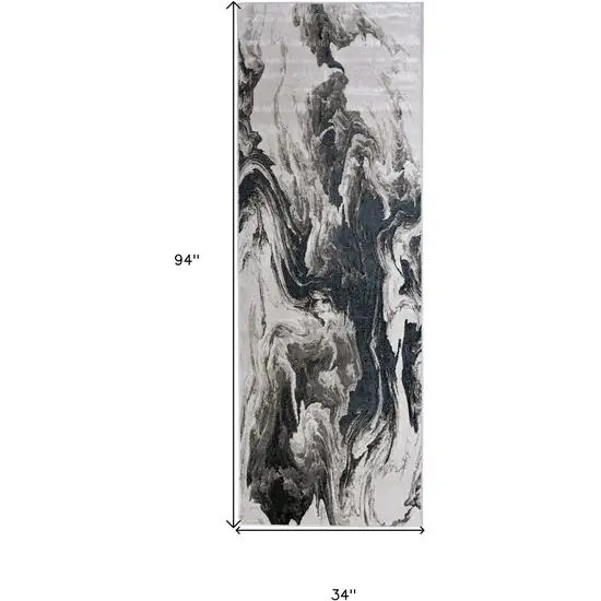 8' Ivory Black and Taupe Abstract Power Loom Runner Rug Photo 3
