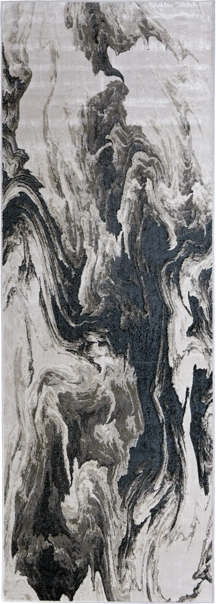 8' Ivory Black and Taupe Abstract Power Loom Runner Rug Photo 1