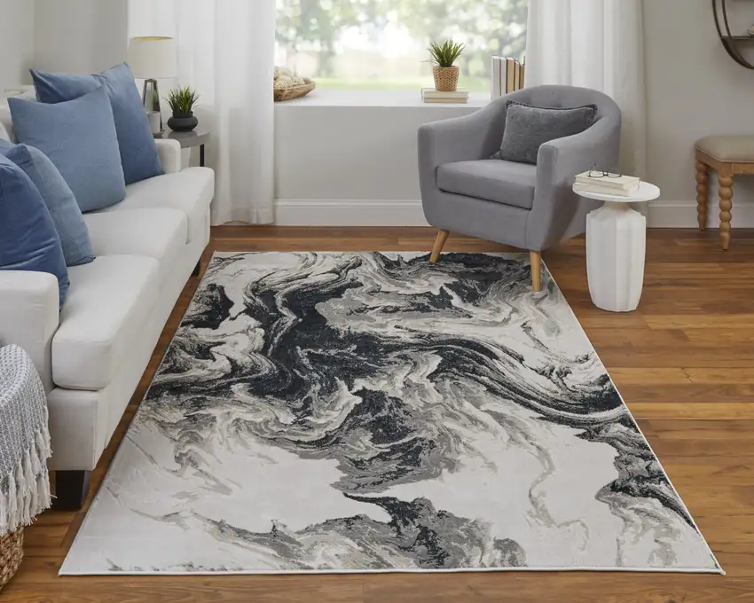 8' Ivory Black and Taupe Abstract Power Loom Runner Rug Photo 6