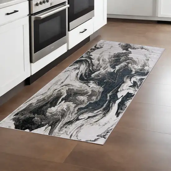 8' Ivory Black and Taupe Abstract Power Loom Runner Rug Photo 2