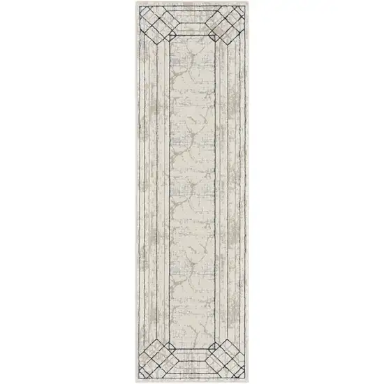 8' Ivory Black and Taupe Geometric Non Skid Runner Rug Photo 2