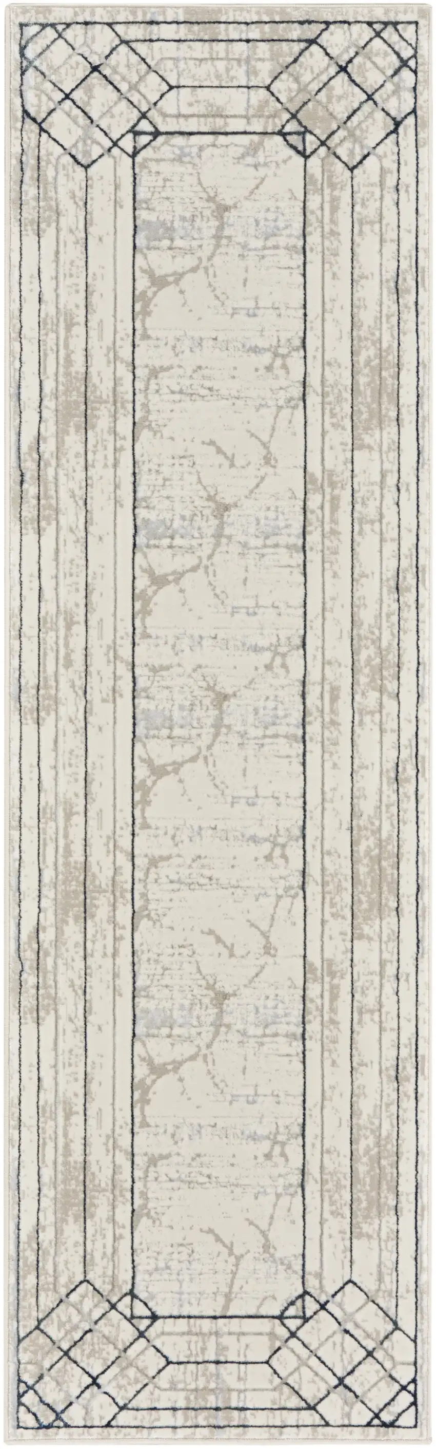 8' Ivory Black and Taupe Geometric Non Skid Runner Rug Photo 2