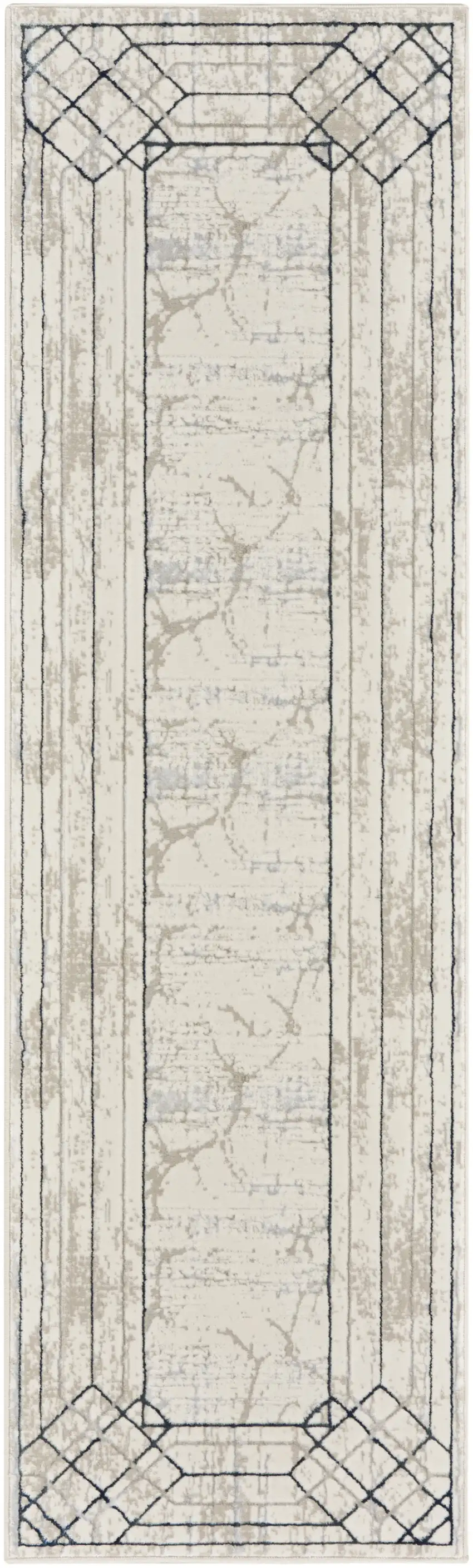 8' Ivory Black and Taupe Geometric Non Skid Runner Rug Photo 1