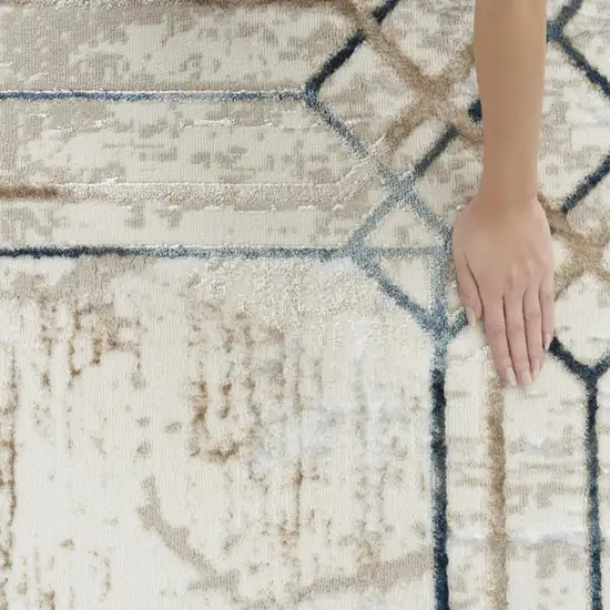 8' Ivory Black and Taupe Geometric Non Skid Runner Rug Photo 7