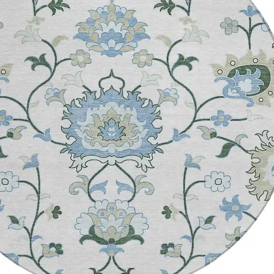 8' Ivory Blue And Beige Round Floral Washable Indoor Outdoor Area Rug Photo 7