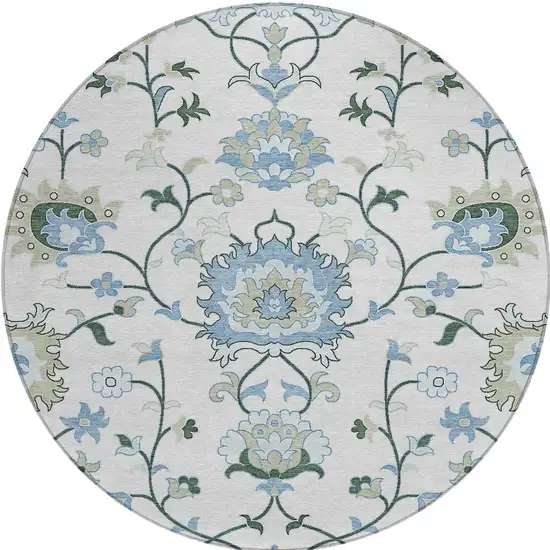 8' Ivory Blue And Beige Round Floral Washable Indoor Outdoor Area Rug Photo 4
