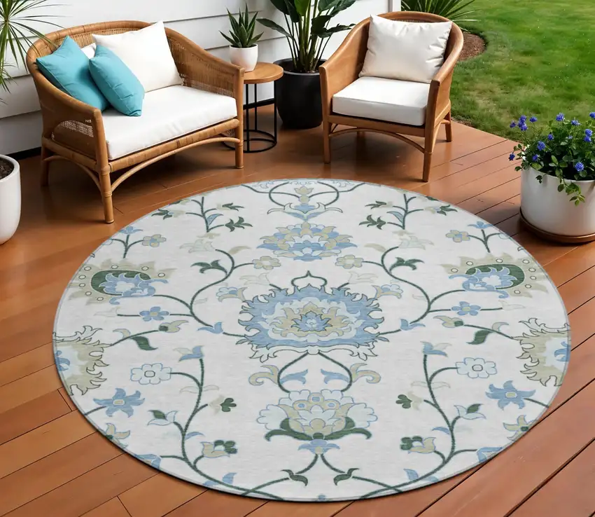 8' Ivory Blue And Beige Round Floral Washable Indoor Outdoor Area Rug Photo 1