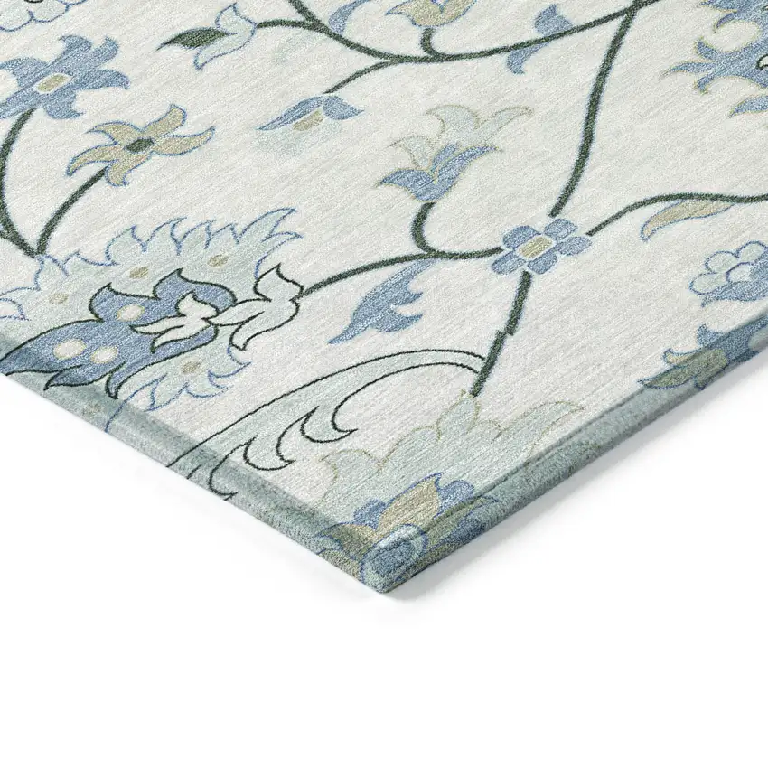 8' Ivory Blue And Beige Round Floral Washable Indoor Outdoor Area Rug Photo 6