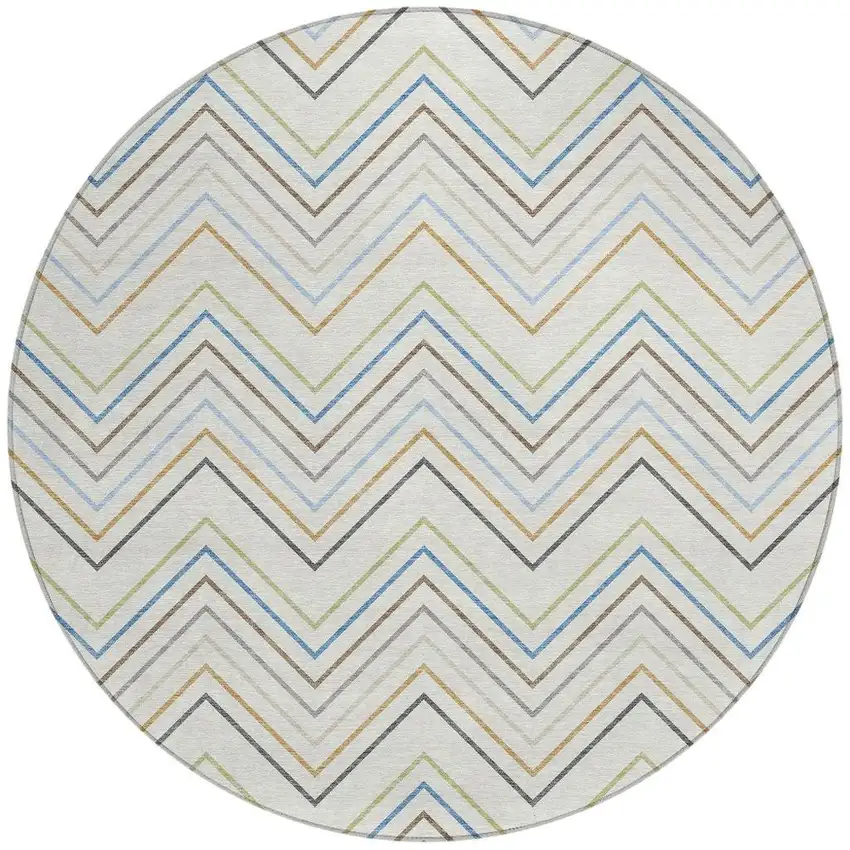 8' Ivory Blue And Beige Round Striped Washable Indoor Outdoor Area Rug Photo 2