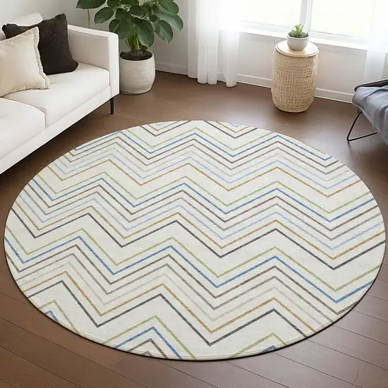 8' Ivory Blue And Beige Round Striped Washable Indoor Outdoor Area Rug Photo 5